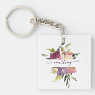 Purple and red watercolor floral personalised key ring