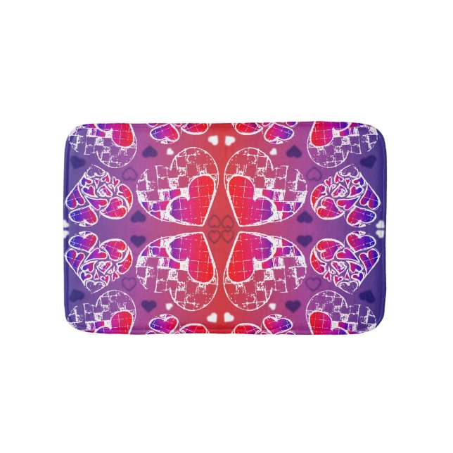 Purple and Red Whimsical Romantic Hearts pattern Bath Mat (Front)