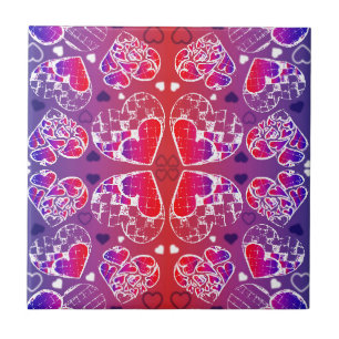 Purple and Red Whimsical Romantic Hearts pattern Ceramic Tile