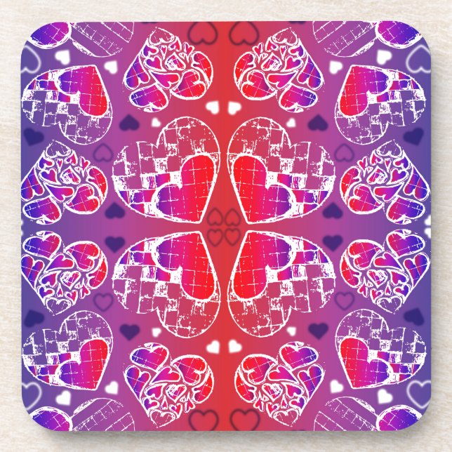Purple and Red Whimsical Romantic Hearts pattern Coaster (Front)