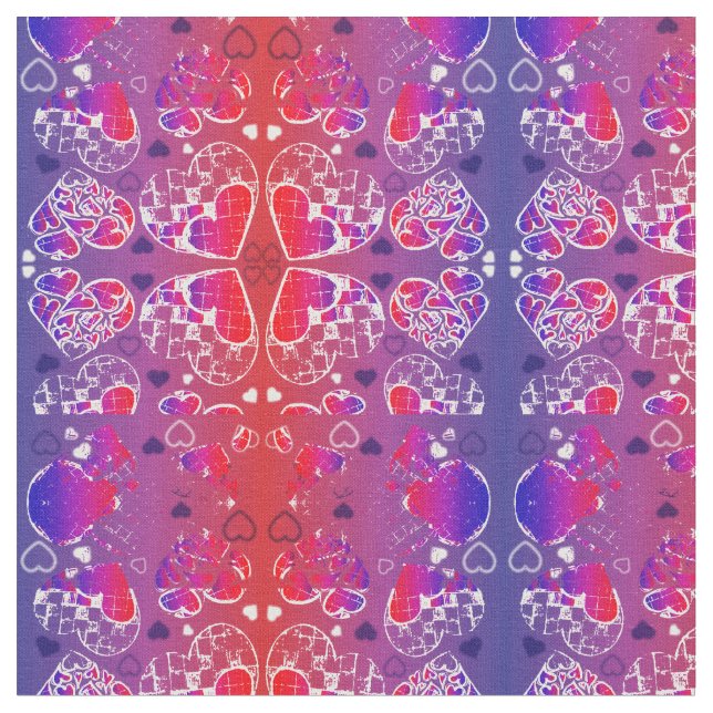 Purple and Red Whimsical Romantic Hearts pattern Fabric (Close Up)
