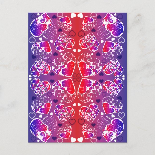 Purple and Red Whimsical Romantic Hearts pattern Postcard (Front)