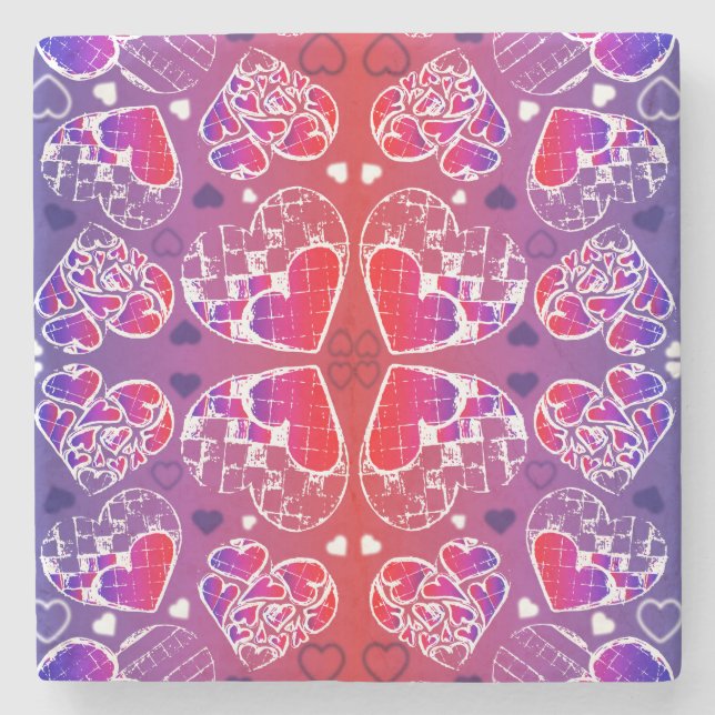 Purple and Red Whimsical Romantic Hearts pattern Stone Coaster (Front)