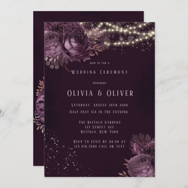 Purple and Rose Gold Peony Lights Glitter Wedding Invitation (Front/Back)