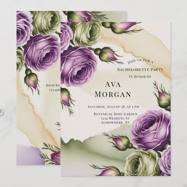 Purple and Sage Green Roses Bachelorette Party Invitation (Front/Back)