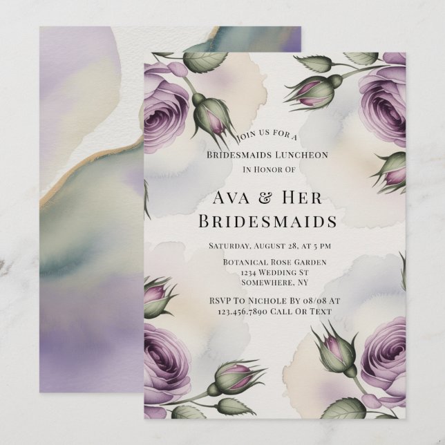 Purple and Sage Green Roses Bridesmaids Luncheon Invitation (Front/Back)