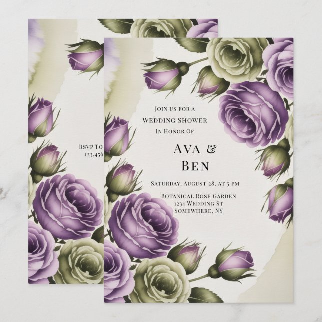 Purple and Sage Green Roses Painted Wedding Shower Invitation (Front/Back)