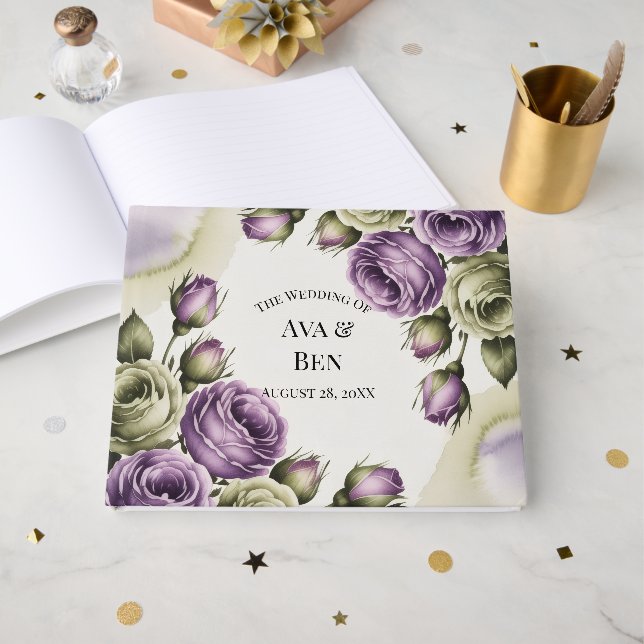 Purple and Sage Green Roses Watercolor Wedding Guest Book (Front Open)