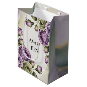 Purple and Sage Green Roses Watercolor Wedding Medium Gift Bag