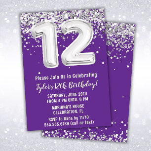 Purple and Silver 12th Birthday Invitation
