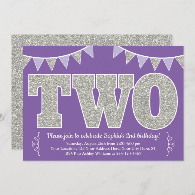 Purple and Silver 2nd Birthday Invitation | TWO (Front/Back)