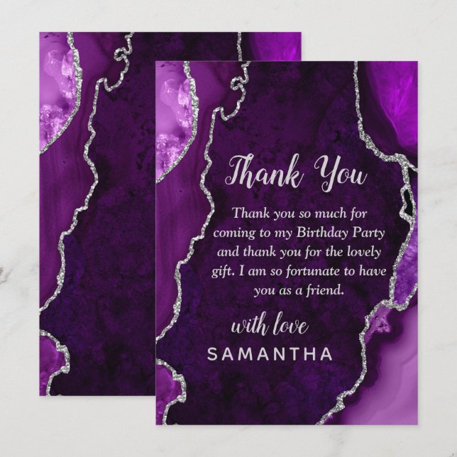 Purple and Silver Agate Birthday Party Thank You Card (Front/Back)