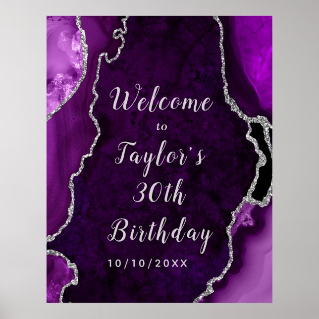 Purple and Silver Agate Birthday Welcome Poster (Front)