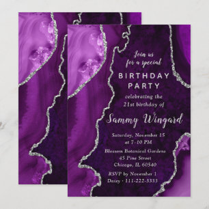 Purple and Silver Agate Marble 21st Birthday Party Invitation