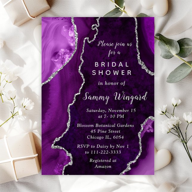 Purple and Silver Agate Marble Bridal Shower Invitation (Creator Uploaded)