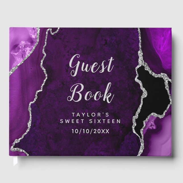 Purple and Silver Agate Marble Sweet Sixteen Guest Book (Front)