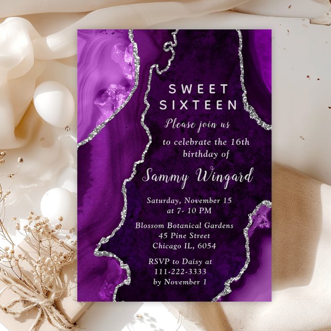 Purple and Silver Agate Marble Sweet Sixteen Invitation (Creator Uploaded)