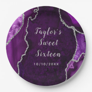 Purple and Silver Agate Marble Sweet Sixteen Paper Plate