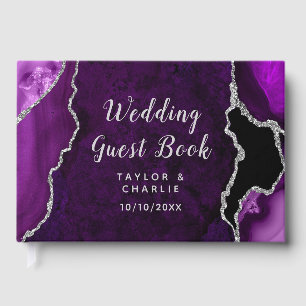 Purple and Silver Agate Marble Wedding Guest Book