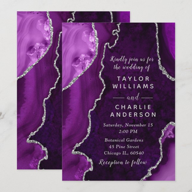 Purple and Silver Agate Marble Wedding Invitation (Front/Back)
