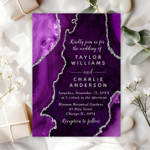 Purple and Silver Agate Marble Wedding Invitation