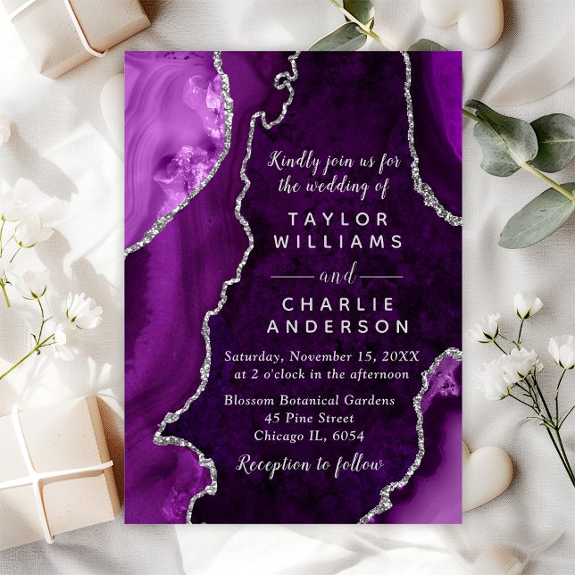 Purple and Silver Agate Marble Wedding Invitation (Creator Uploaded)