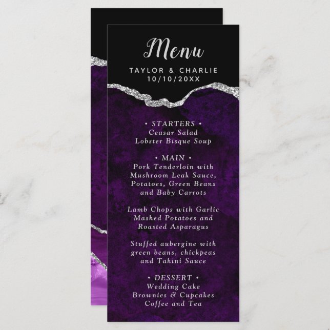 Purple and Silver Agate Marble Wedding Menu (Front/Back)