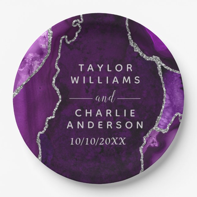 Purple and Silver Agate Marble Wedding Paper Plate (Front)