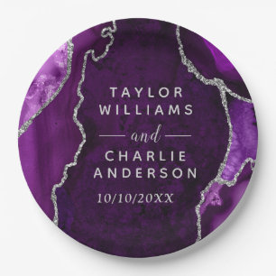 Purple and Silver Agate Marble Wedding Paper Plate