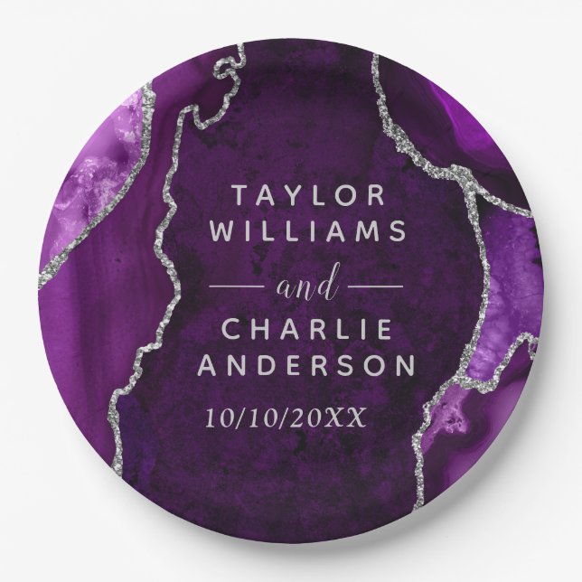 Purple and Silver Agate Marble Wedding Paper Plate (Front)