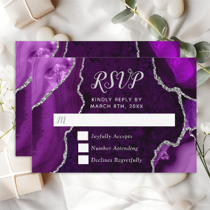 Purple and Silver Agate Marble Wedding RSVP Card