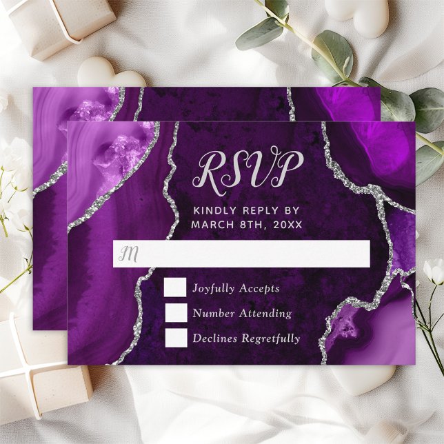 Purple and Silver Agate Marble Wedding RSVP Card (Creator Uploaded)