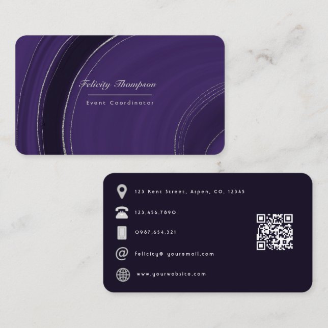 Purple and Silver Agate QR Code Business Card (Front/Back)