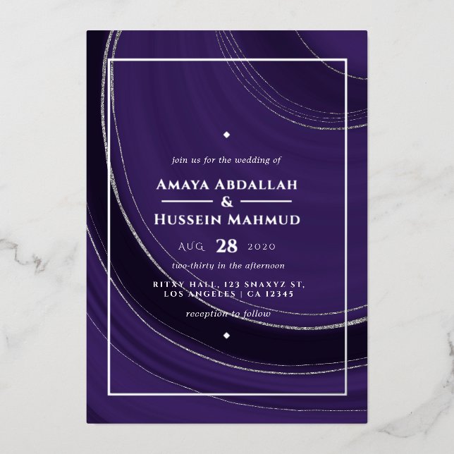 Purple and Silver Agate Wedding Foil Invitation (Front)