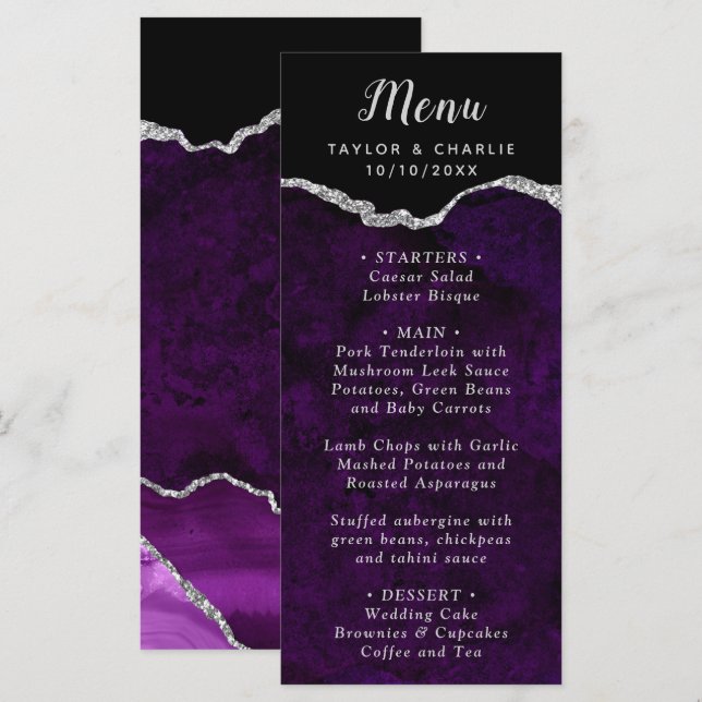 Purple and Silver Agate Wedding Menu (Front/Back)