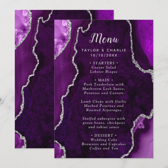 Purple and Silver Agate Wedding Menu (Front/Back)