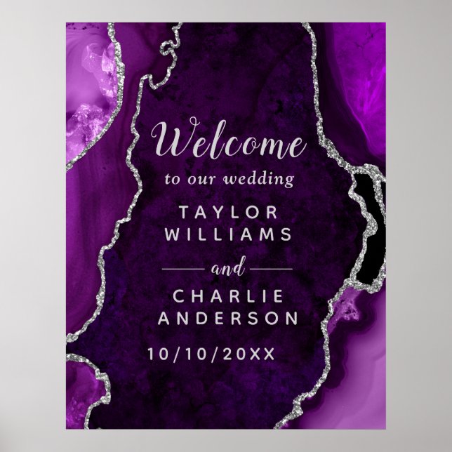 Purple and Silver Agate Wedding Welcome Poster (Front)