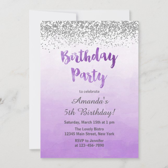 Purple and Silver Birthday Invitation (Front)