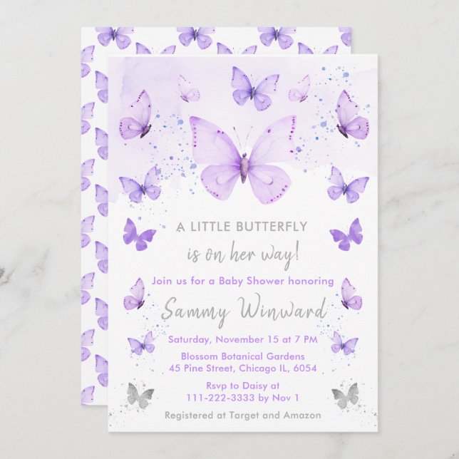 Purple and Silver Butterfly Baby Shower Invitation (Front/Back)
