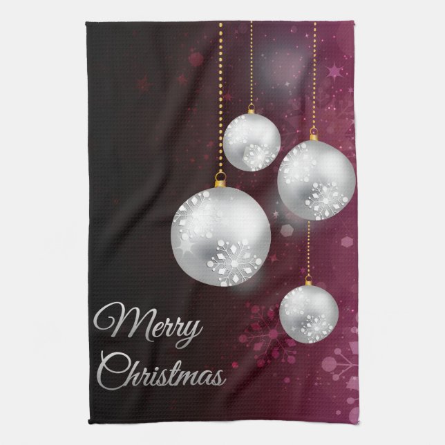 Purple and silver christmas tree balls tea towel (Vertical)