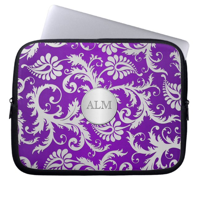 Purple and Silver Damask Laptop Sleeve (Front)