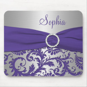 Purple and Silver Damask Mousepad