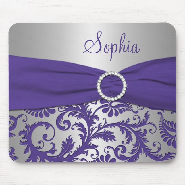 Purple and Silver Damask Mousepad (Front)
