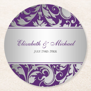 Purple and Silver Damask Swirls Wedding Round Paper Coaster