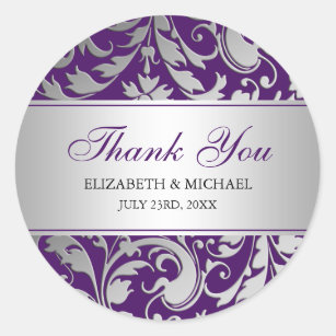 Purple and Silver Damask Swirls Wedding Thank You Classic Round Sticker