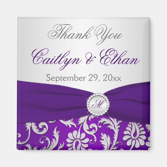 Purple and Silver Damask Wedding Favour Magnet (Front)