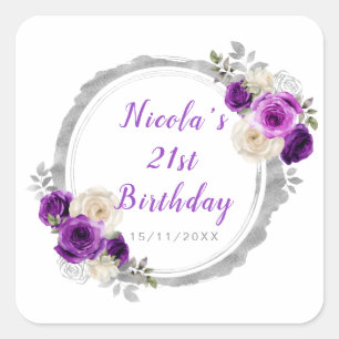 Purple and Silver  Elegant Flower Birthday Party Square Sticker