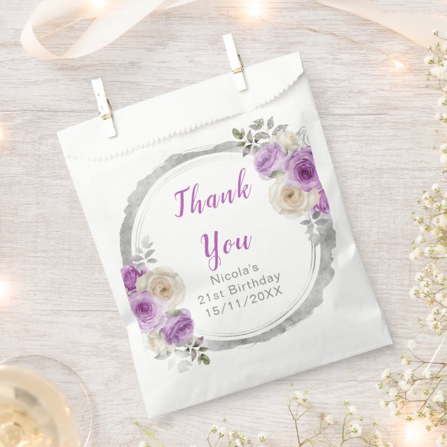 Purple and Silver Elegant Flowers Birthday Favour Bag (Clipped)
