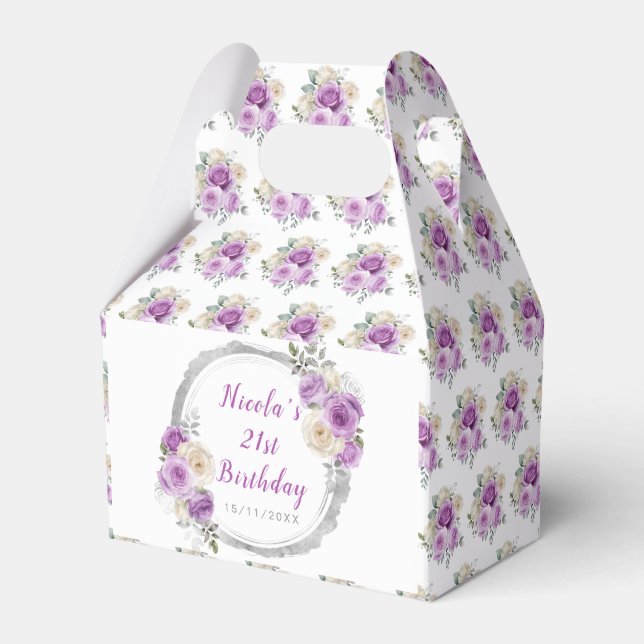 Purple and Silver Elegant Flowers Birthday Favour Box (Front Side)