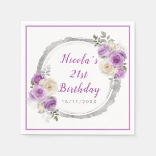 Purple and Silver Elegant Flowers Birthday Napkin